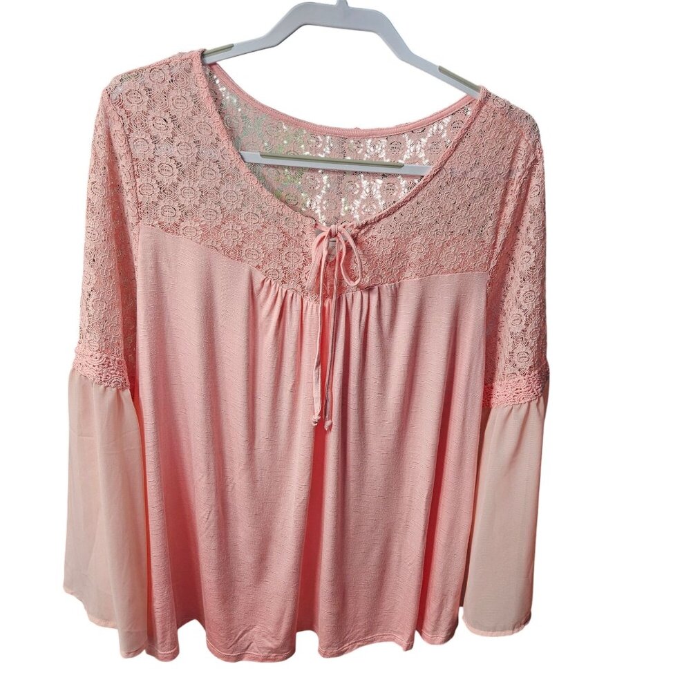 Womens Pink Lace Yoke Long-Sleeve Top With Tie Detail 1X By CJ Banks